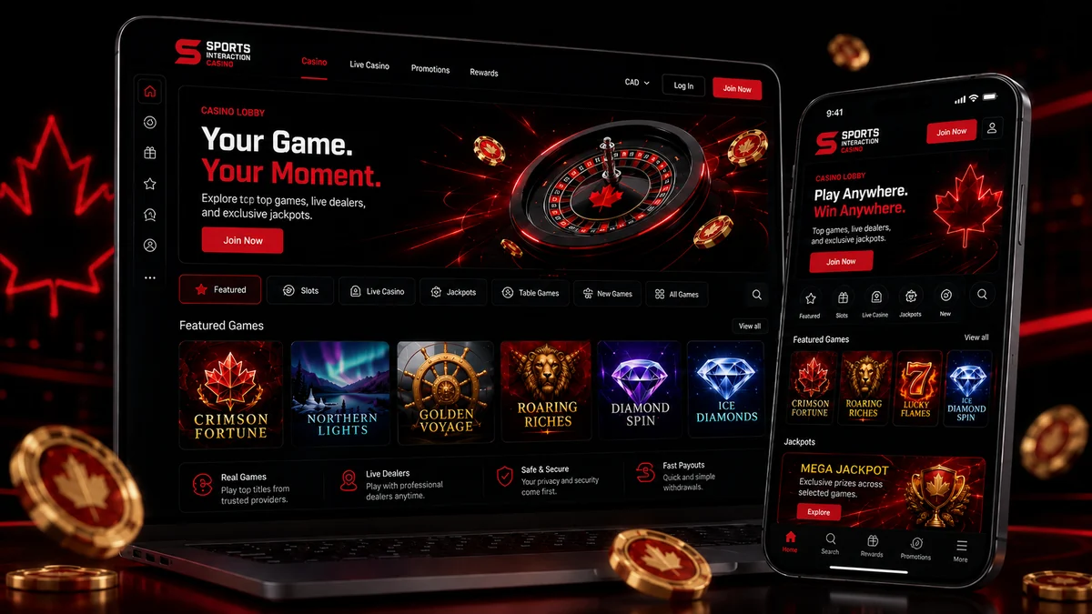 Sports Interaction casino lobby showing slots, live tables and jackpot categories